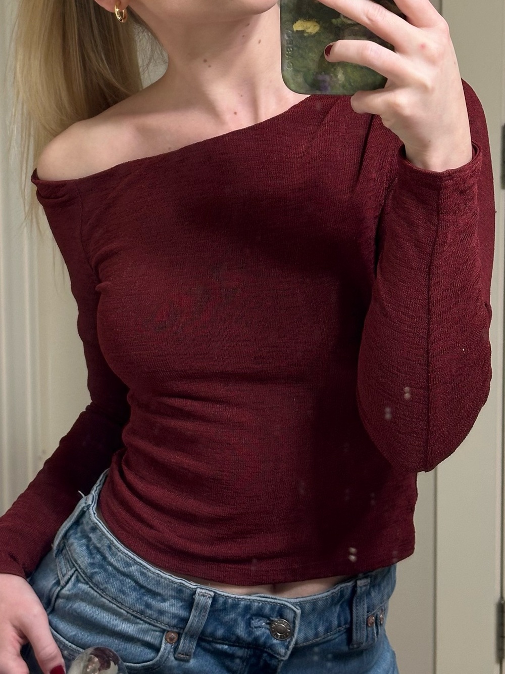 Princess Polly Off-the-Shoulder Slim Knit Sweater in Burgundy